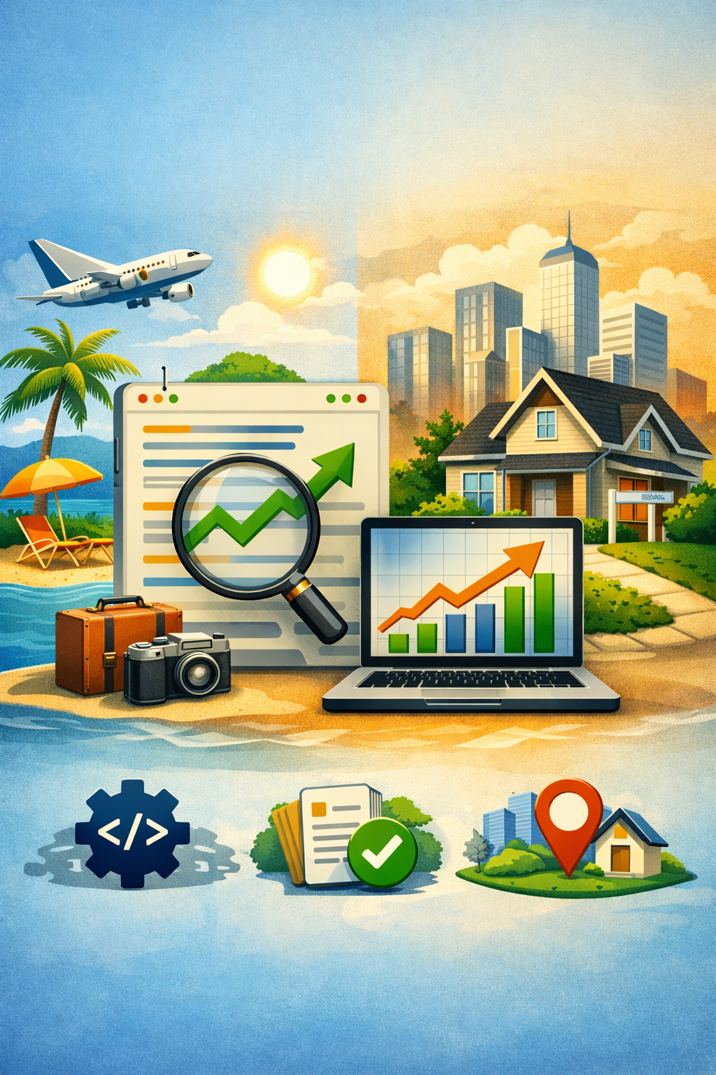 A colorful travel SEO illustration shows an airplane, tropical beach, analytics charts, a laptop, and houses beside a rising city skyline with glowing sun.