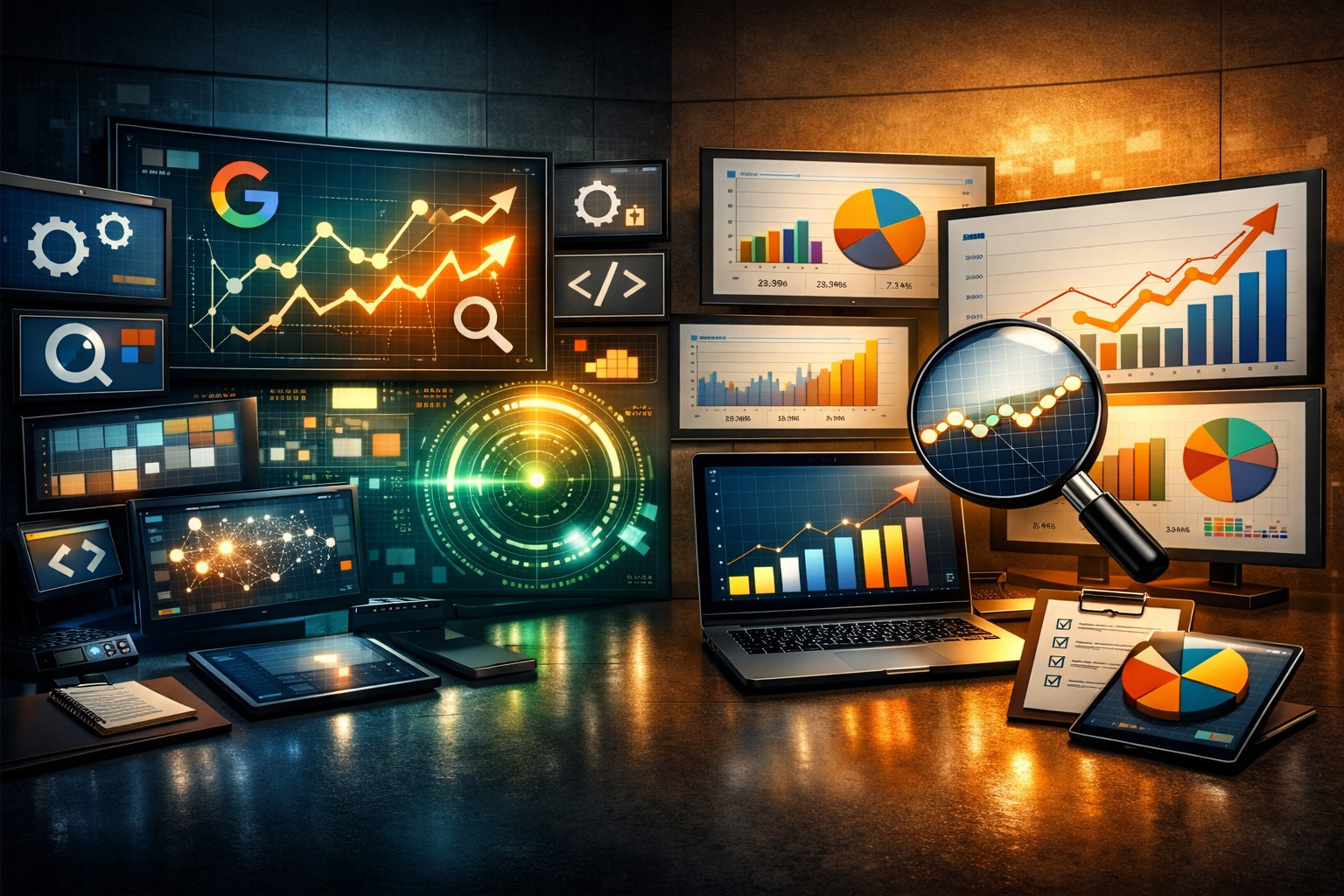 Multiple monitors show SEO analytics, search ranking charts, keyword trends, and a magnifying glass over performance data