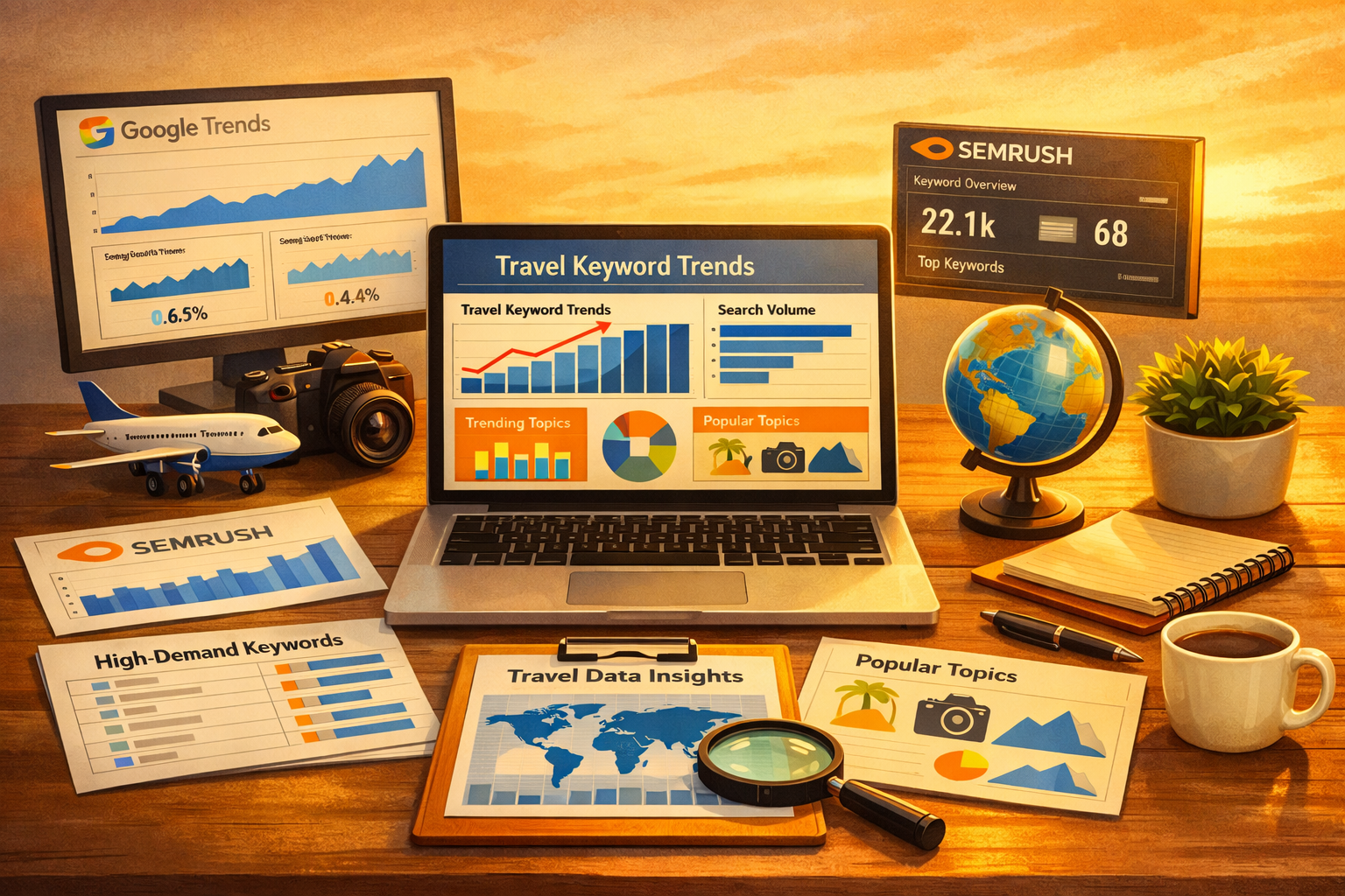 Travel keyword research dashboard with Google Trends, SEMrush metrics, charts, maps, and a globe on a work desk