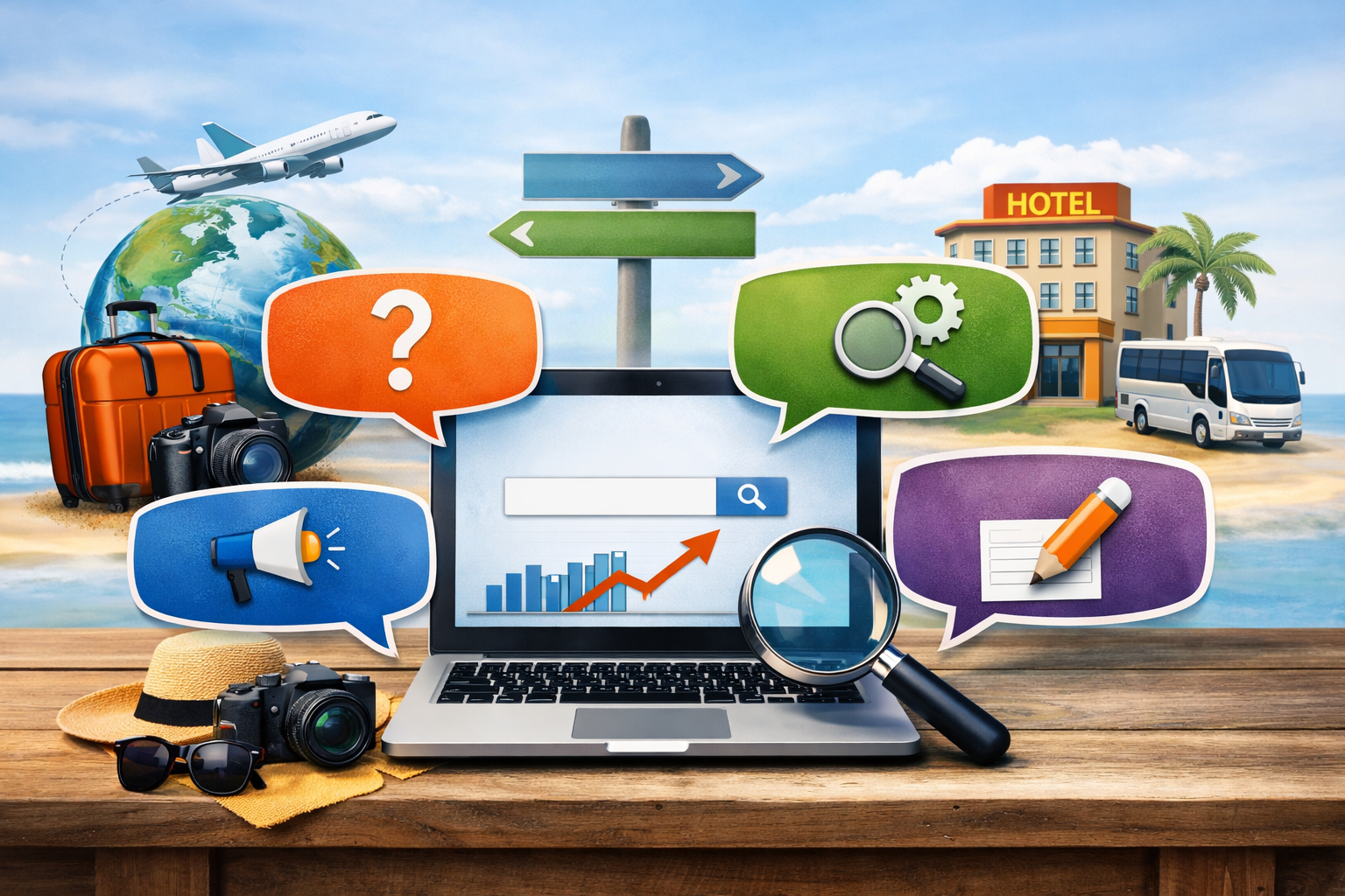 A laptop on a wooden desk displays travel SEO icons, with an airplane, hotel, magnifying glass, camera, and speech bubbles in bright colors.