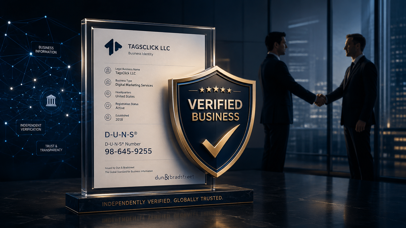TagsClick verified business badge with D-U-N-S number and handshake